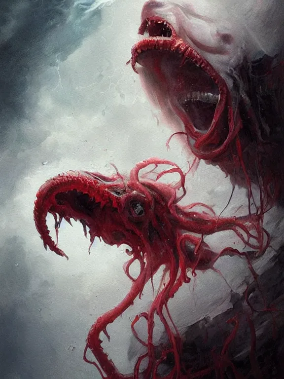 Image similar to painting by greg rutkowski of a flying sorrowful looking human head with tears running down it's eyes, face that is chalk white in color, with long sprawling white tentacles stemming down it's neck, fiery scorching red eyes, flying in a terrying hellish dark cavernous place