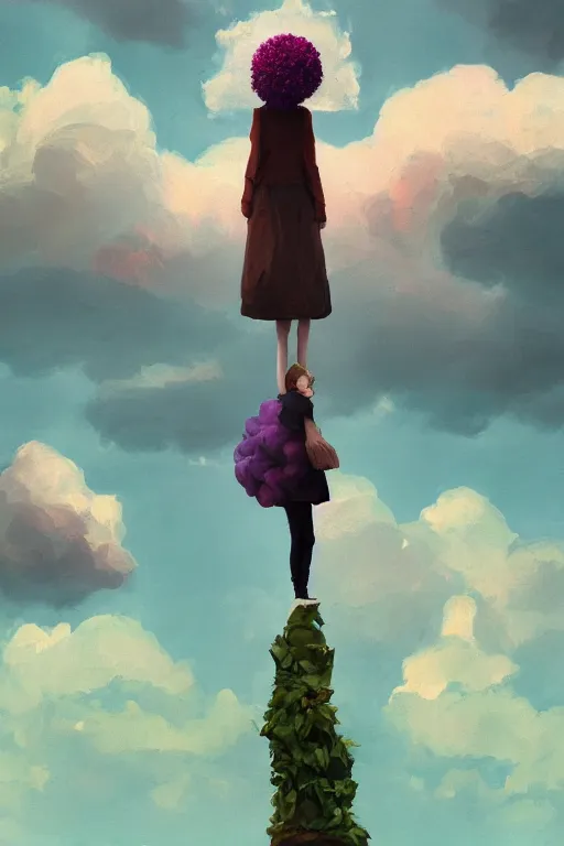 Prompt: portrait, giant flower head, a girl standing on pillar, surreal photography, wind and cold, dramatic sky, impressionist painting, digital painting, artstation, simon stalenhag