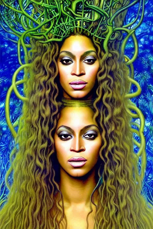 Image similar to realistic detailed face portrait painting of the beautiful beyonce with long hair with sci-fi headwear, futuristic sci-fi forest on background by Jean Delville, Amano, Yves Tanguy, Alphonse Mucha, Edward Robert Hughes, Roger Dean, rich moody colours, blue eyes