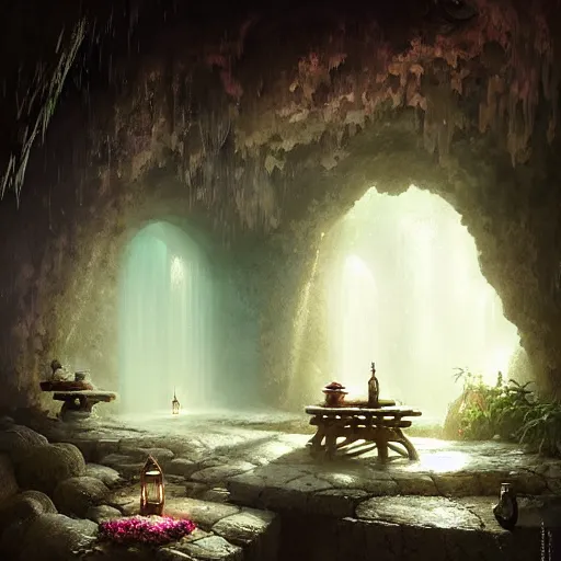 Image similar to cozy bathhouse hidden in a cave, candlelight, towels, cushions, natural light, lush plants and flowers, elegant, intricate, fantasy, atmospheric lighting, digital painting, Greg Rutkowski concept art