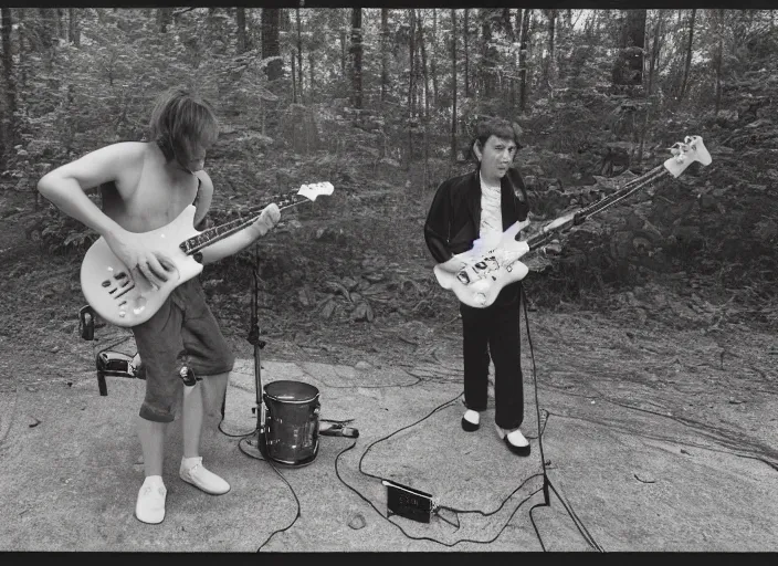 Prompt: a little water bear playing electric guitar while his friend plays the drums, Gregory Crewdson, Joel Sternfeld