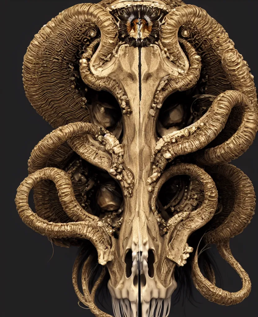 Image similar to goddess princess face close-up portrait ram skull. sculpture made of black clay and gold. jellyfish phoenix head, nautilus, orchid, skull, betta fish, bioluminiscent creatures, intricate artwork by Tooth Wu and wlop and beeple. octane render, trending on artstation, greg rutkowski very coherent symmetrical artwork. cinematic, hyper realism, high detail, octane render, 8k