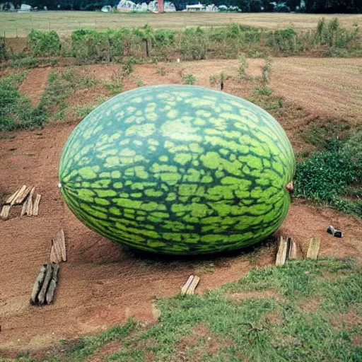 Image similar to The giant watermelon first appeared in a small town in the middle of nowhere. It was just a normal watermelon, sitting in a field, minding its own business. But then, something strange happened. The watermelon began to grow. And grow. And grow. It kept growing until it was the size of a house. Then, it started moving.