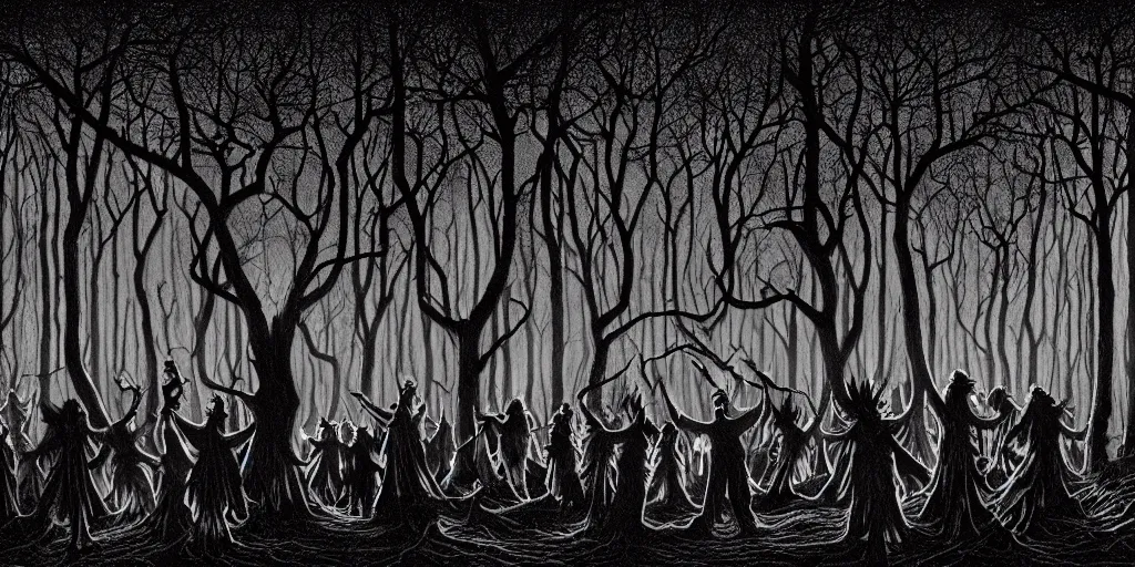 Prompt: masterpiece demons, vampires and witches dancing in the scary woods at dusk, by jeffrey smith and stanley donwood. volumetric lighting, photorealistic, intricate, trending on artstation 8 k