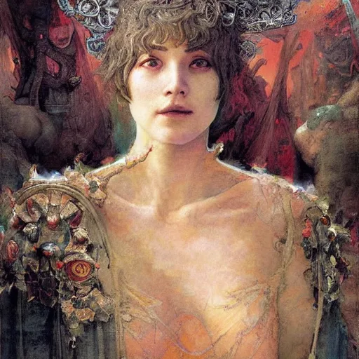Image similar to a masterpiece full body portrait a beautiful Beatrice in Dante\'s inferno, by Edgar Maxence and Ross Tran and Michael Whelan
