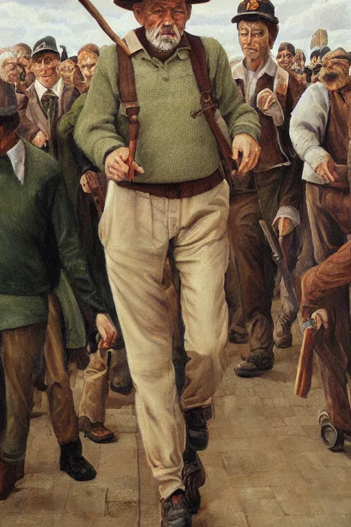 Prompt: realistic detailed painting, an old man walking alone in a crowd, wearing a white and green sweater shirt, this man wearing a revolutionary hat, carrying an old brown commando stick, he is walking between modern shops, the title of a hyper realistic painting very detailed this, the last day from old veteran