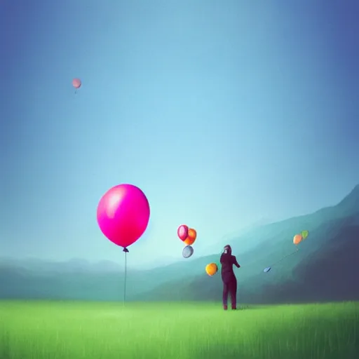 Image similar to a person standing on top of a hill under a bunch of balloons, digital art by RHADS, shutterstock contest winner, digital art, behance hd, photoillustration, whimsical