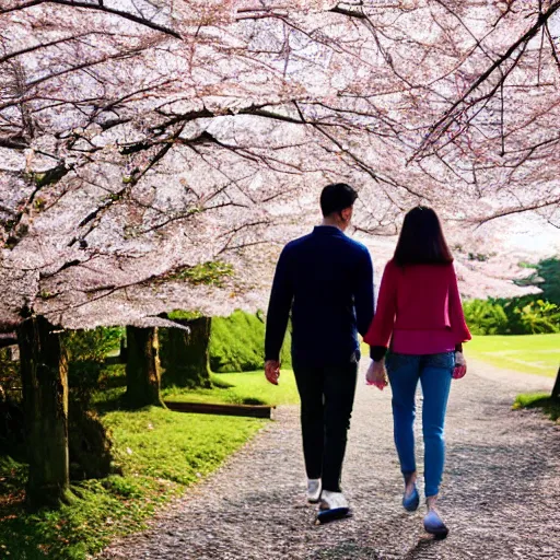 Image similar to a young man and young lady walking hand in hand with their backs turned away from the camera lens, surrounded by cherry blossom trees
