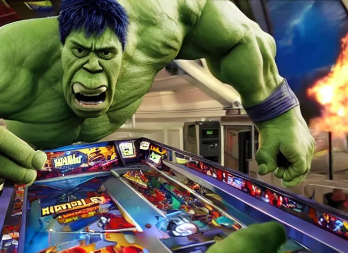 Image similar to film still of Hulk playing pinball in the new Avengers movie, 4k