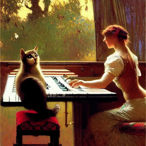 Prompt: cat, playing piano, painting by gaston bussiere, craig mullins, greg rutkowski, alphonse mucha