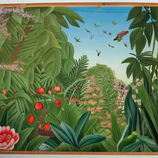 Image similar to hd photo of a fresco in naive art style by henri rousseau with birds and flowers and lotuses, highly detailed, unreal engine, photorealism