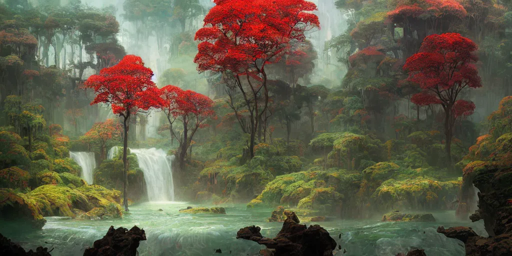 Image similar to beautiful landscape metal forests trees made of metal mountains rivers red and green leaves many layers waterfalls villages castles, buildings artstation illustration sharp focus sunlit vista painted by ruan jia raymond swanland lawrence alma tadema zdzislaw beksinski norman rockwell tom lovell alex malveda greg staples