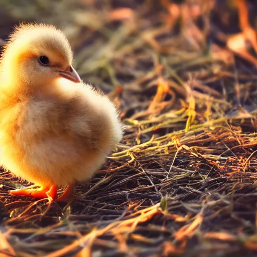 Prompt: a really cute chick, photograph, golden hour, 4k