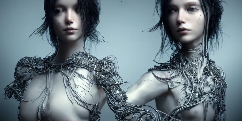 Image similar to hyper realistic photography of a stunningly beautiful cyborg female, plated arm, intimate, chest, holding close, ribbons, in the style of beth cavener, jin kagetsu,, and wlop, highly detailed, intricate filigree, symmetry, masterpiece, award winning, sharp focus, concept art, highkey lighting, ambient lighting, octane render, 8 k, artstation