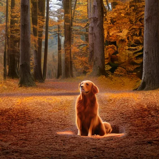 Image similar to dark red golden retriever in forest lake, matte painting in 4 k, concept art width 1 0 2 4 with young woman