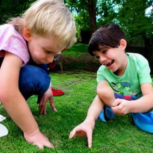 Image similar to two kids discovering an animal that does not exist