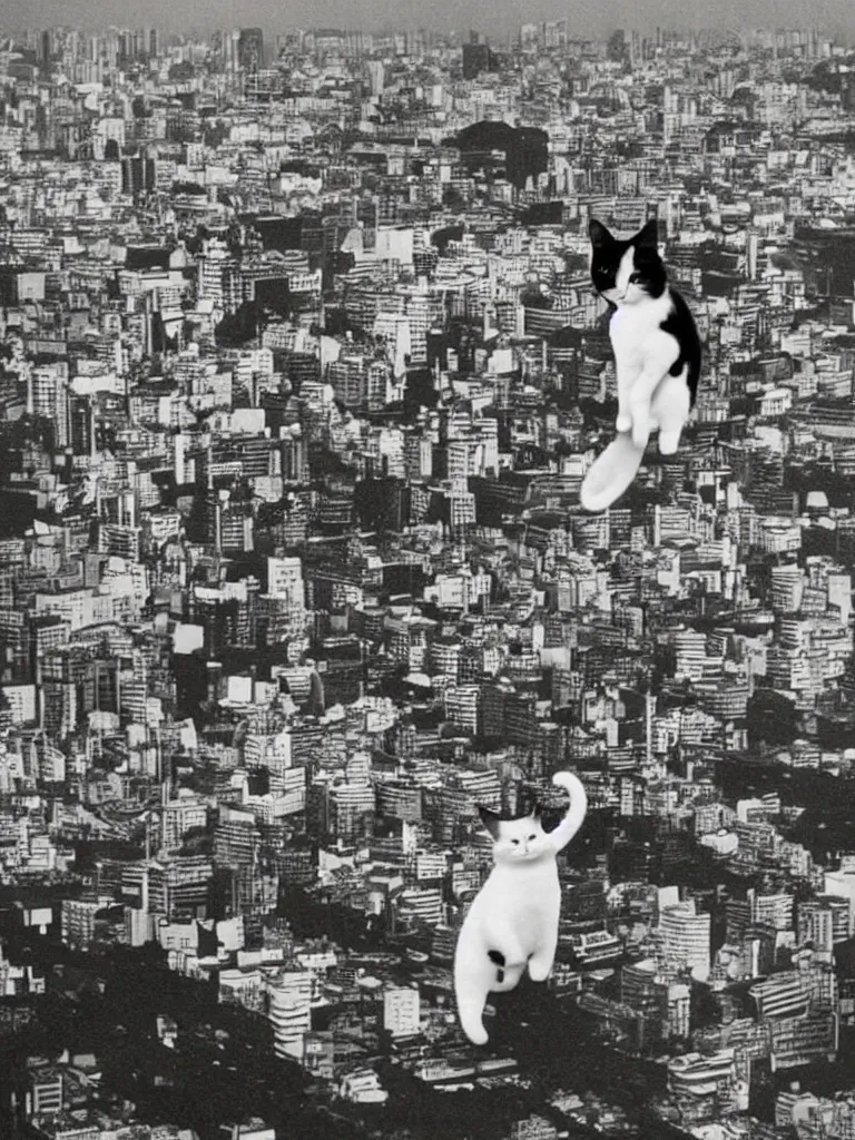 Image similar to full - color 1 9 6 0 s photo of an enormous cute calico - cat as a kaiju climbing up tokyo tower, in minato ward. in the style of a toho movie ; highly - detailed ; cinematic.