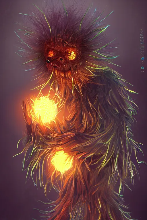 Image similar to a glowing humanoid figure dandelion monster with large glowing eyes, highly detailed, digital art, sharp focus, trending on art station, artichoke, anime art style