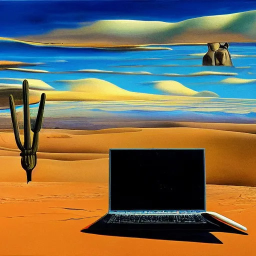 Prompt: laptop in the desert, high detailed high quality painting by salvador dali, hd, photorealistic lighting