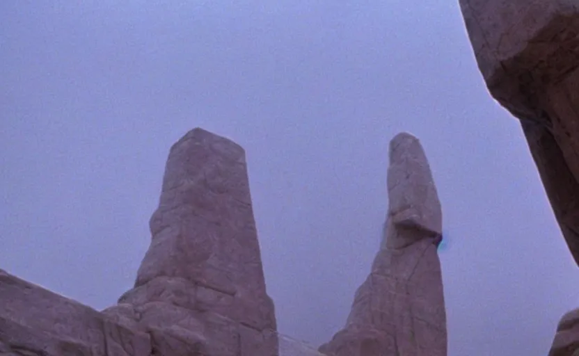 Image similar to screenshot of low angle wide shot of ancient Jedi sculpture looming in the sky outside the foggy Jedi Temple scene from The Force Awakens, 1970s film by Stanley Kubrick, serene, iconic scene, hazy, stunning cinematography, hyper-detailed, sharp, anamorphic lenses, kodak color film, 4k