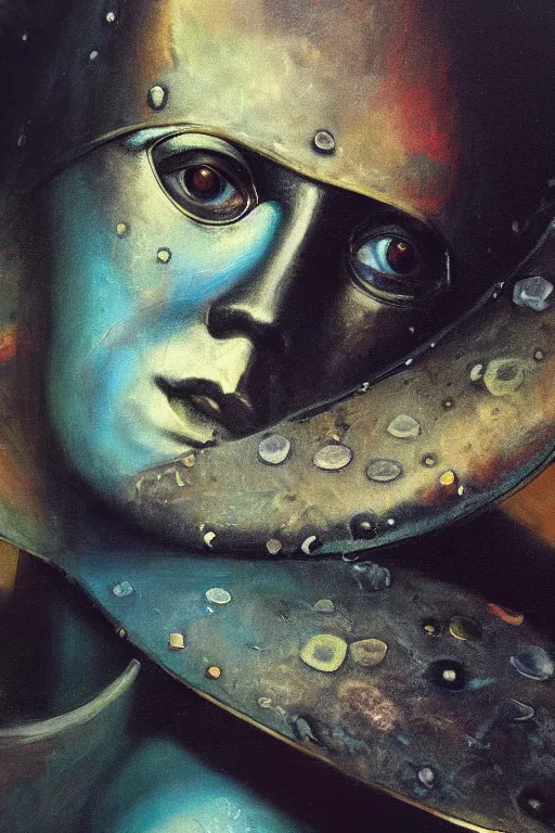 Image similar to hyperrealism oil painting, close - up portrait of face hiding in stingray medieval fashion model, knight, steel gradient mixed with nebula sky, in style of baroque mixed with 7 0 s book art