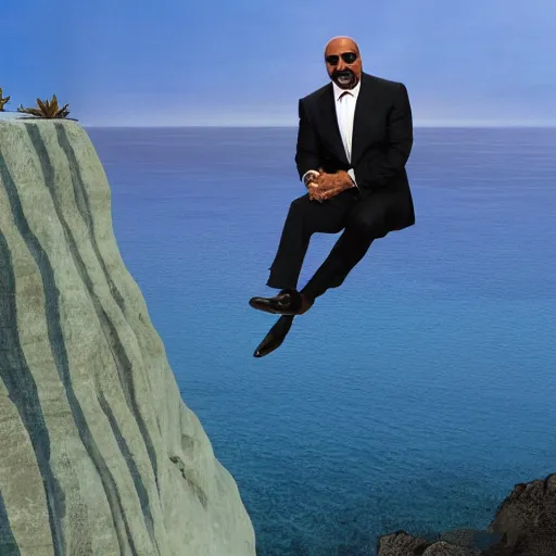 Image similar to Steve harvey hanging off the edge of a blue cliff