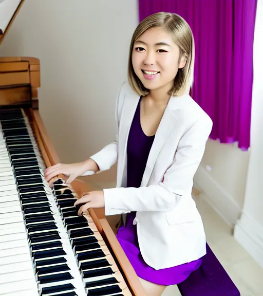 Prompt: a professional portrait photograph of kaede akamatsu, an eighteen year old japanese woman with blonde shoulder length hair, a cowlick, musical note hairpins, a pink blazer, a white backpack, purple contact lenses, and a kind smile, beautiful features, pianist, at her piano