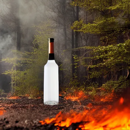 Prompt: an award winning advertisement photo of a translucent glass vodka bottle in the style of a propane cylinder with a forest fire surrounding it, drammatic lighting, sigma 5 0 mm, ƒ / 8, behance