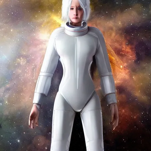 Prompt: beautiful white haired woman dressed in see through space suit in the style of zezhou chen art highly detailed, smooth, sharp focus