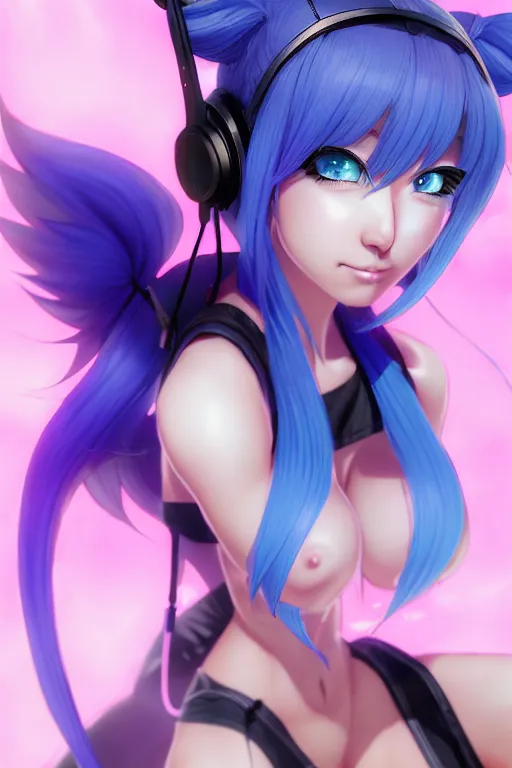 Prompt: a catgirl with pink headphone and blue hair, occlusion shadow, specular reflection, rim light, unreal engine, octane render, artgerm, artstation, art by hiroaki samura and jiro matsumoto and yusuke murata, high quality, intricate detailed 8 k, fantasy illustration, extremely beautiful and aesthetic shape of body