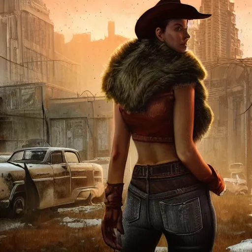 Image similar to fallout 5, charismatic beautiful, rugged, brunette female protagonist wearing a cowboy - hat, portrait, outdoors ruined cityscape, atmospheric lighting, painted, intricate, volumetric lighting, beautiful, daytime, clear weather, winter, sharp focus, deep colours, ultra detailed, by leesha hannigan, ross tran, thierry doizon, kai carpenter, ignacio fernandez rios