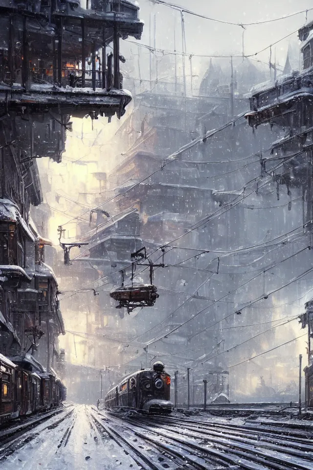 Image similar to highly detailed painting of dieselpunk stockholm, winter, snow, tram on rail tracks, dystopia, by greg rutkowski, by raphael lacoste, 4 k resolution, trending on artstation