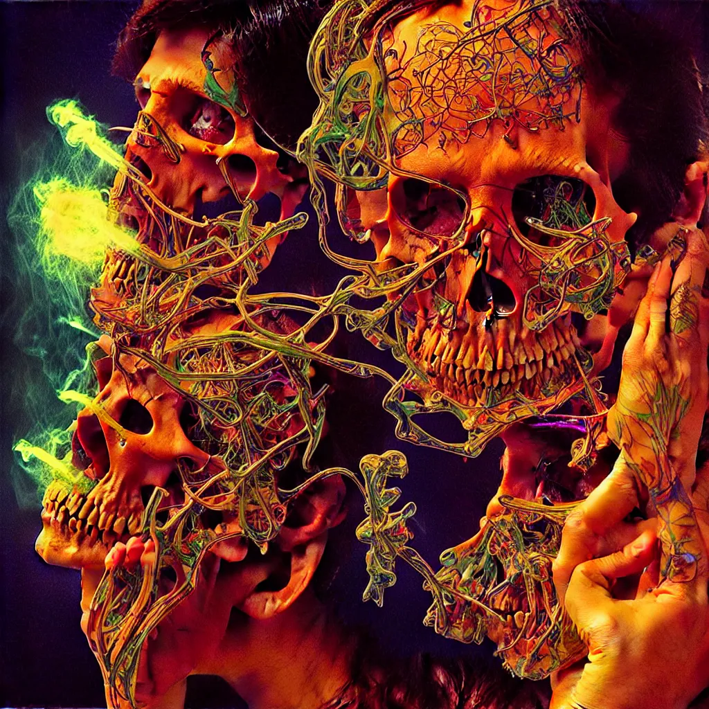 Image similar to bright psychedelic photo of BILL HICKS SKULL SMOKING, diffuse lighting, fantasy, intricate, elegant, highly detailed, lifelike, photorealistic, digital painting, artstation, illustration, concept art, smooth, sharp focus, art by John Collier and Albert Aublet and Krenz Cushart and Artem Demura and Alphonse Mucha