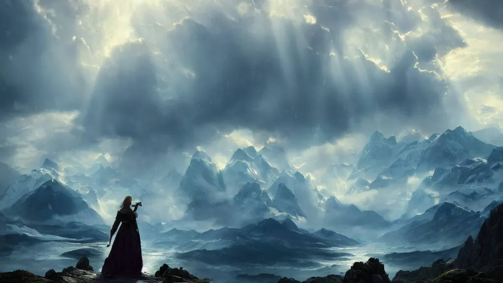 Image similar to wizard, argentina, natalie portman, hudson river school, max rive, full plate armor, f 1 6, bokeh, gentle, female, snowy mountain, storm clouds, god rays, close up portrait, d & d, fantasy, elegant, teal pink white gold color palette, concept art, roger deakins and greg rutkowski and alphonse mucha