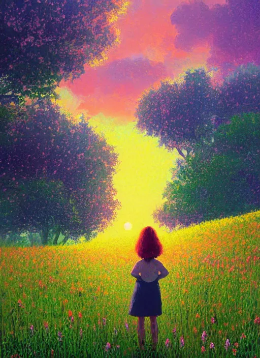 Prompt: girl with one flower head, in a field with flowers, hills, big trees, sunrise dramatic light, impressionist painting, colorful clouds, digital painting, pointillism, artstation, simon stalenhag