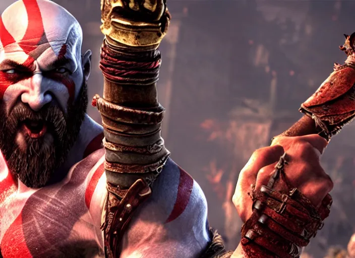 Image similar to in game screenshot of kratos victoriously holding up a!!! computer mouse!!! in the new god of war video game, 4 k