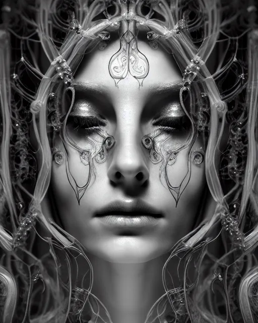 Prompt: mythical dreamy underwater black and white profile face portrait of translucent beautiful female angelic - medusa - vegetal, highly detailed, intricate crystal ivy jelly ornate, poetic, translucent algae ornate, digital art, octane render, 8 k artistic photography, photo - realistic, hg giger