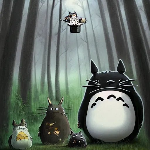 Prompt: totoro with black metal paint in the face, a drummer, electric guitar, dead people around, in the middle of the forest, fantasy digital art, wow, stunning, ghibli style, hight quality