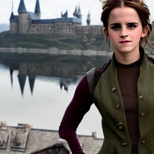 Image similar to Photo of Emma Watson on top of a tank in Hogwarts, establishing shot