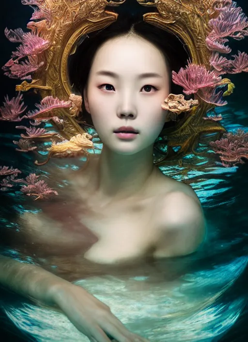 Image similar to an underwater photographic beauty portrait of jingna zhang, cinematic, volumetric lighting, fantasy, intricate, elegant, highly detailed, digital painting, artstation, concept art, smooth, sharp focus, illustration, art by ayami kojima, artgerm and h r giger and alphonse mucha