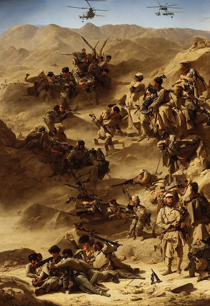 Image similar to afghanistan war portrait by jacques - louis david, desert, us army, battlefield, helicopters firing, humvee, tanks, bombs explosions