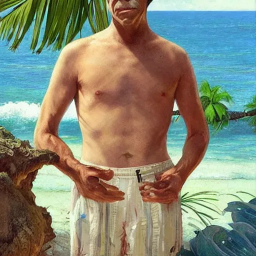 Image similar to ZACHARY QUINTO SPOCK in tropical shorts, beach, sun shining, (SFW) safe for work, photo realistic illustration by greg rutkowski, thomas kindkade, alphonse mucha, loish, norman rockwell