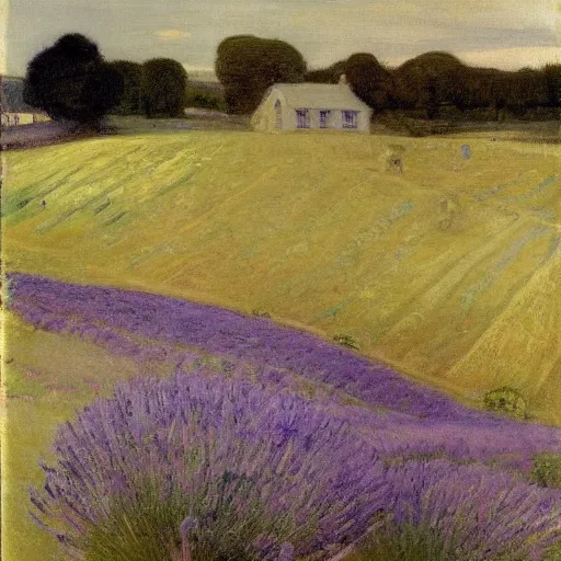 Prompt: painting of lavender field, highly detailed, beautiful lighting, tiny house in background by james abbott mcneill whistler