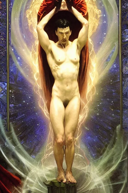 Image similar to An Epic Tarot Card of Dr. strange casting dynamic powerful spell. lit by dark evil magic portal, amazing colour harmony and variation, simple background, by Donato Giancola, William Bouguereau, John Williams Waterhouse, tarot card border made of rare sentient opalescent cosmic ivory by Alphonse Mucha