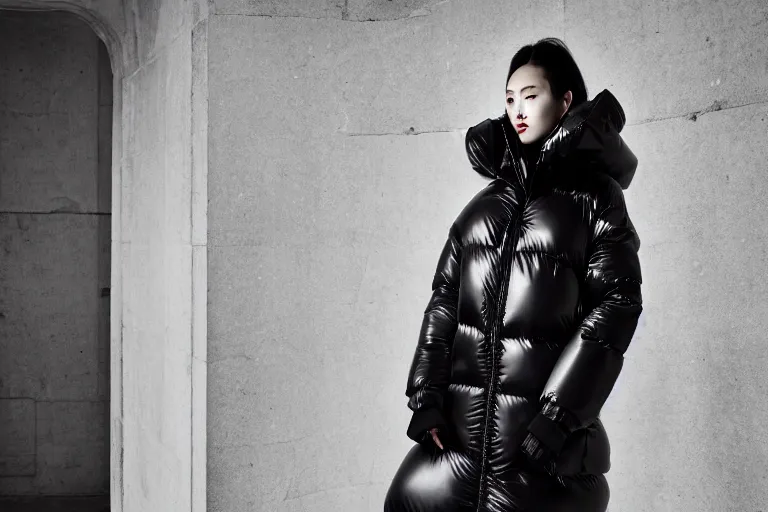 Image similar to well lit fashion shoot portrait of extremely beautiful female marble statue wearing huge over size puffer jacket by dingyun zhang, yeezy, balenciaga, vetements, a cold wall, sharp focus, clear, detailed,, cinematic, detailed, off white, glamourous, symmetrical, vogue, editorial, fashion, magazine shoot, glossy