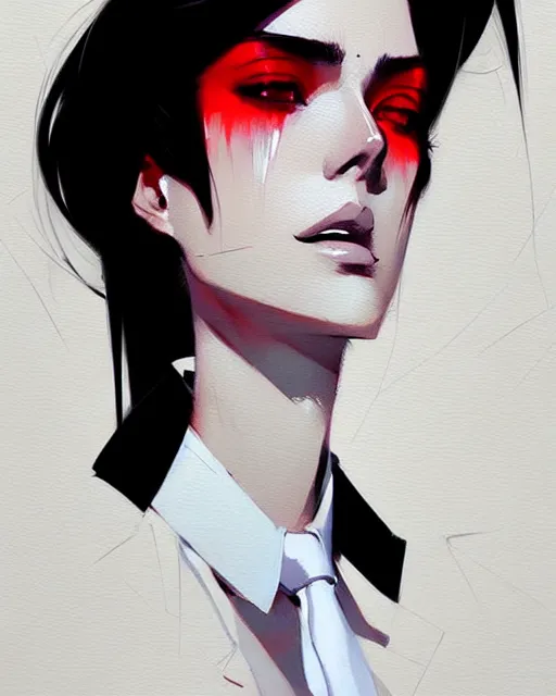 Image similar to a ultradetailed beautiful panting of a stylish woman, she is wearing a white shirt with a tie and black pants, by conrad roset, greg rutkowski and makoto shinkai trending on artstation