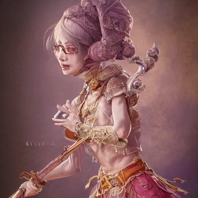 Prompt: studio portrait of neutral good colorful female cleric bard healer as absurdly beautiful, elegant, young skinny gravure idol, ultrafine hyperrealistic illustration by kim jung gi, irakli nadar, intricate linework, sharp focus, bright colors, octopath traveler, final fantasy, unreal engine highly rendered, global illumination, radiant light, detailed intricate environment