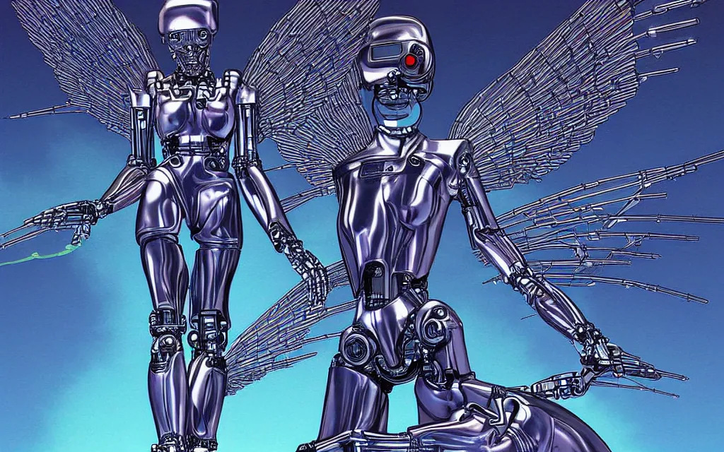 Prompt: futurist cybernetic angel, future perfect, award winning digital art by moebius