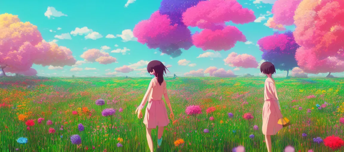 Image similar to a beautiful ultra - detailed panorama of a girl walking through a field of colorful flowers by beeple, studio ghibli, makoto shinkai, wallpaper, highly detailed, trending on artstation, anime