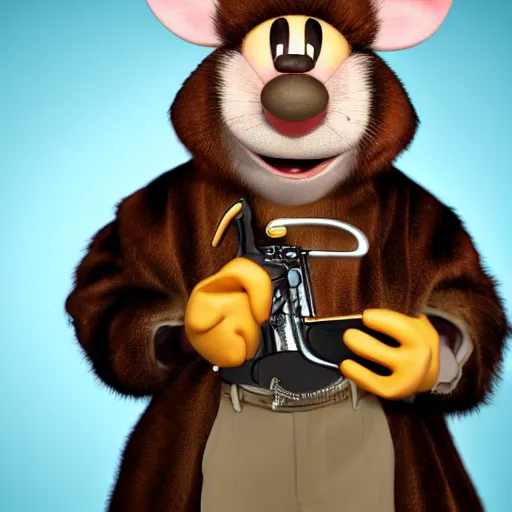 Image similar to 3d anthropomorphic rat, disney pixar, holding tommy gun, velvet, fur coat, high quality, golden necklace, fendi, high fashion